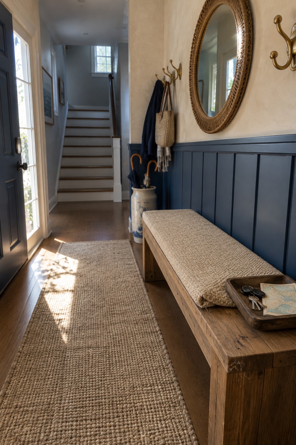 A narrow entryway with navy wainscoting, a wooden bench, a woven runner, and stairs at the far end.