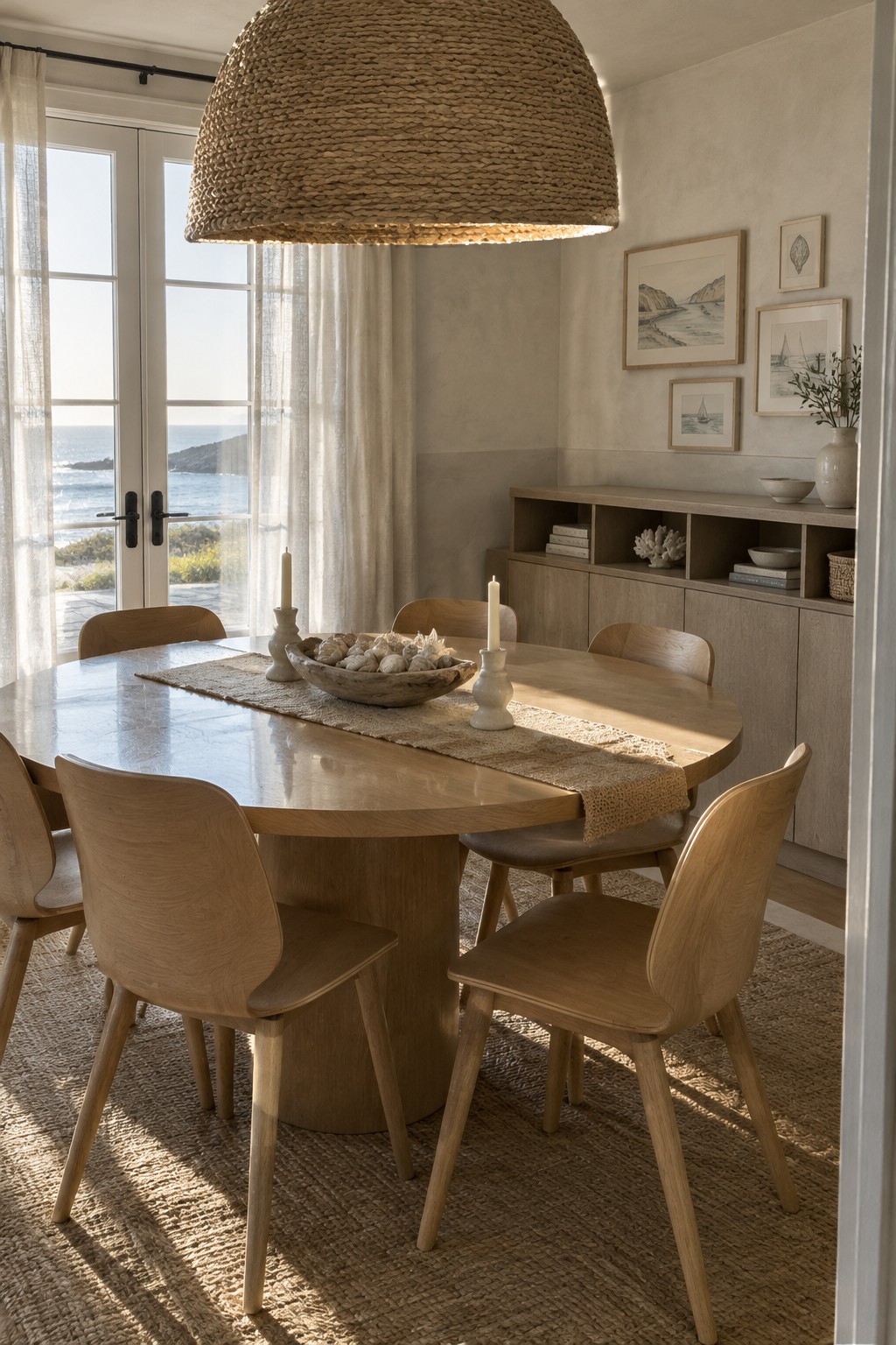 A rounded wooden dining table and matching chairs sit on a woven rug beside glass doors, with a woven pendant lamp overhead.