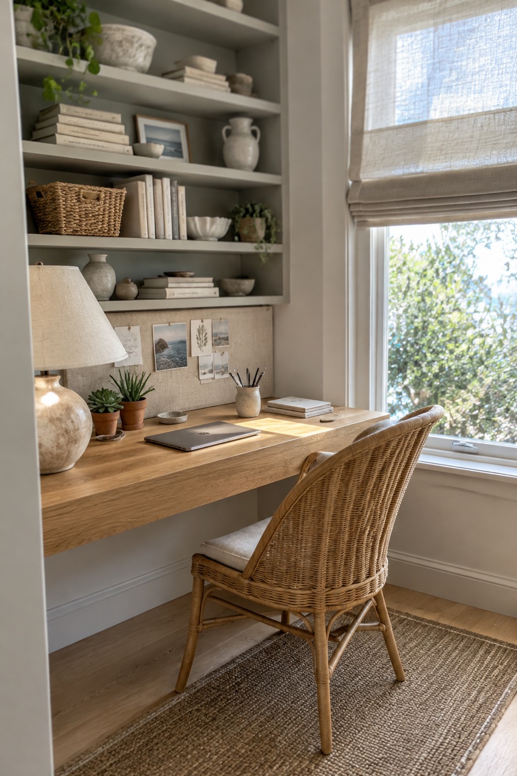 A wood desk sits beneath built-in shelves filled with books and pottery, beside a window with a woven shade.