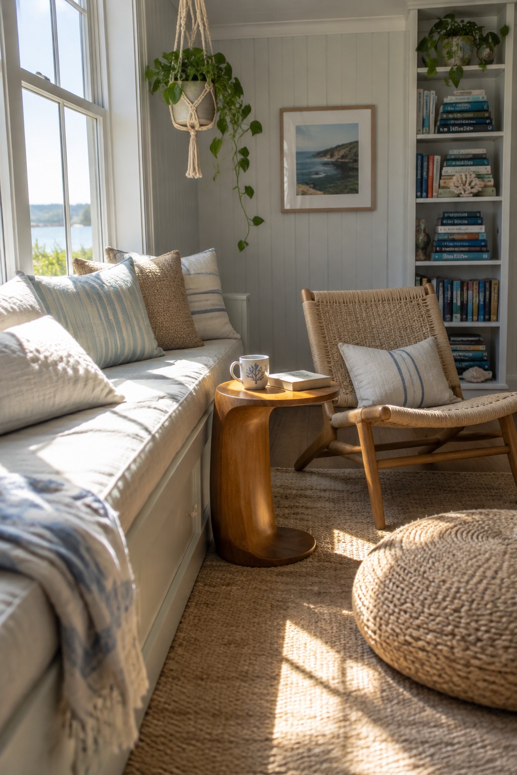 A white daybed with blue and neutral cushions sits beside a woven chair and small wooden table in a bright room.