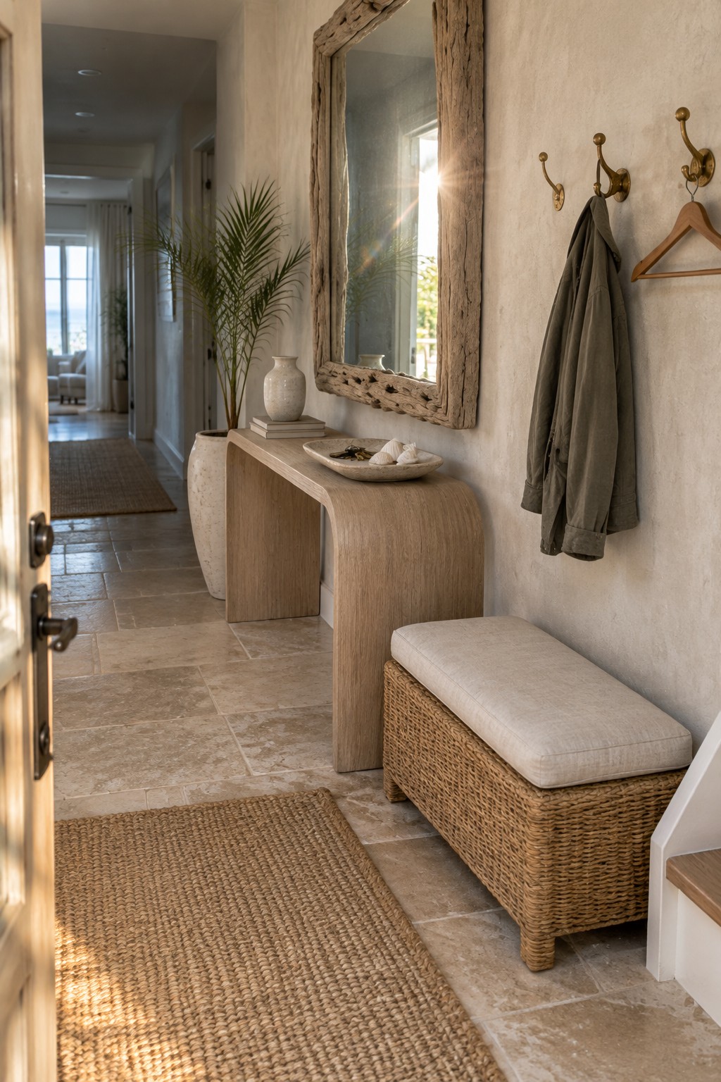 A narrow curved wood console sits beneath a rough wood-framed mirror in a tiled entry hall.