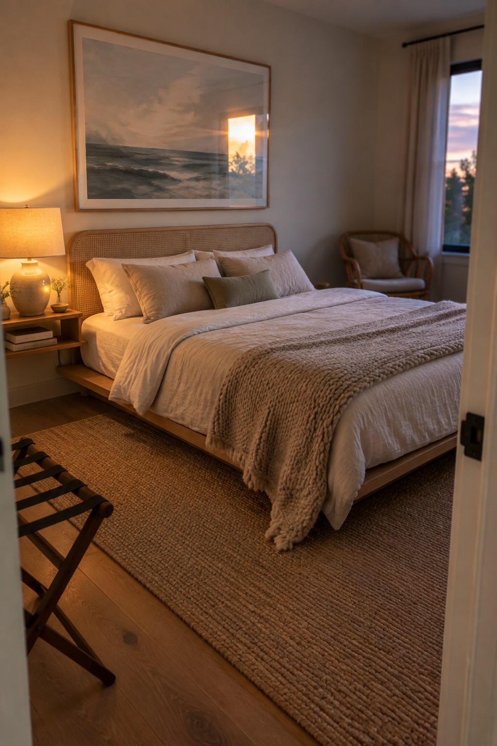 A bedroom with a cane headboard, pale bedding, a textured throw, and a bedside lamp.