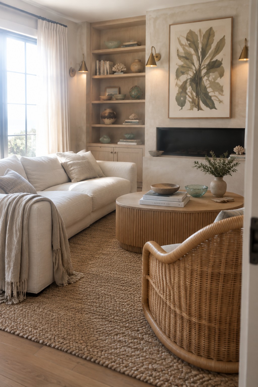 A cream sofa and round wood coffee table sit on a woven rug in a living room with built-in shelves and a fireplace.