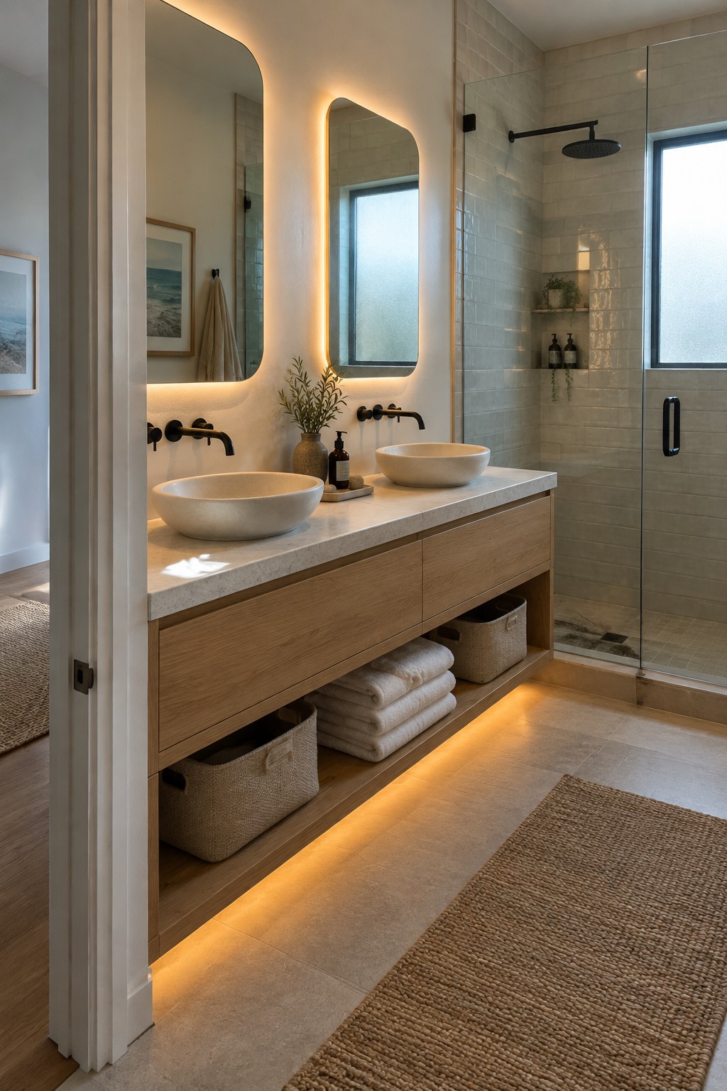 A double wood bathroom vanity has two vessel sinks, open shelves with folded towels and woven baskets, and illuminated mirrors.