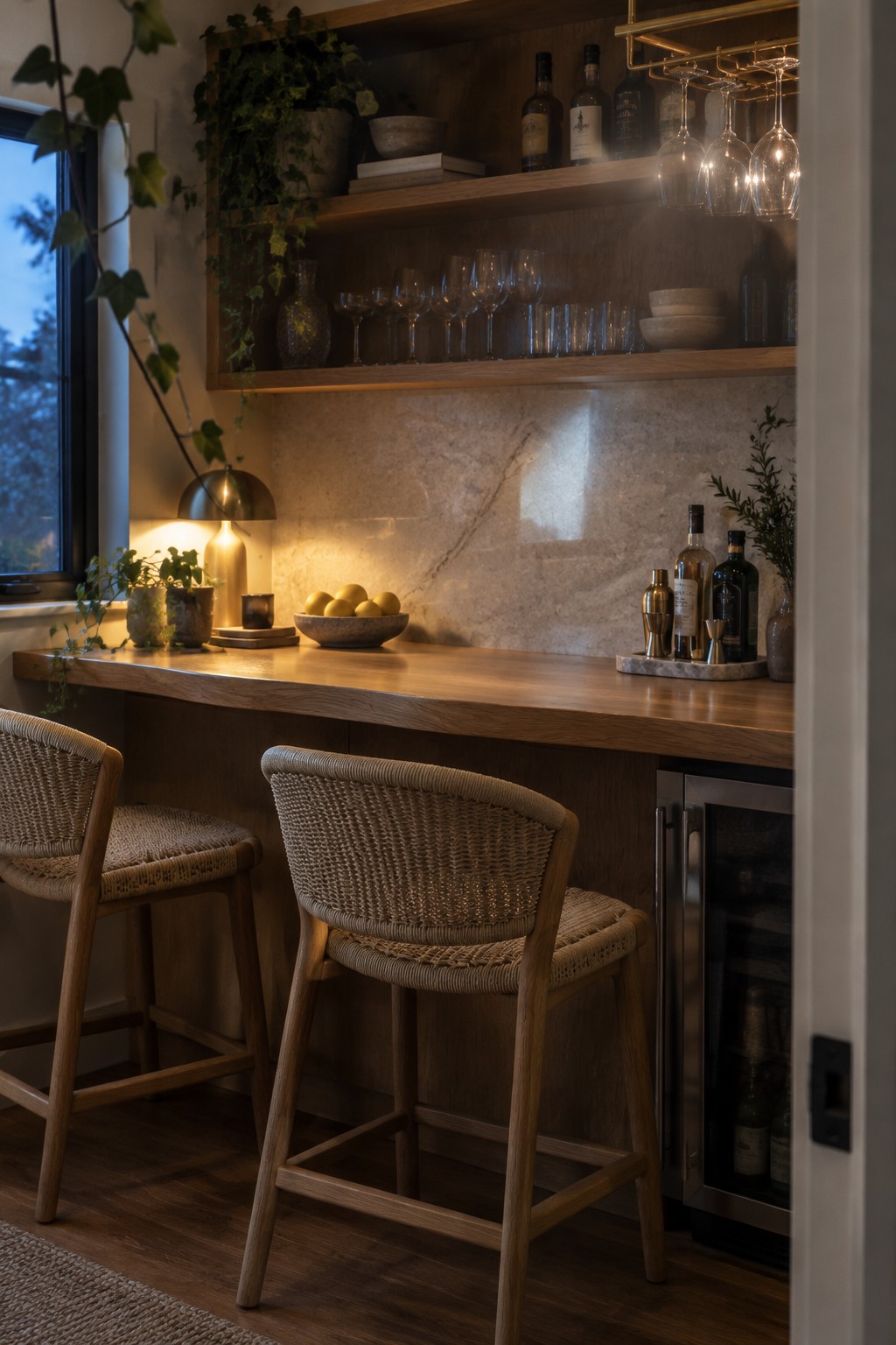 A wood home bar with two woven stools, open shelves of glassware, and a stone backsplash.