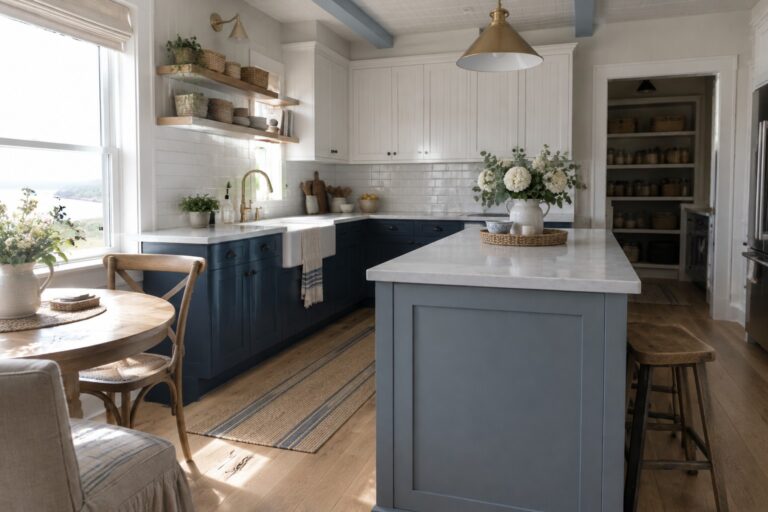 A farmhouse kitchen with deep blue lower cabinets, white upper cabinets, marble counters, and a white apron-front sink.