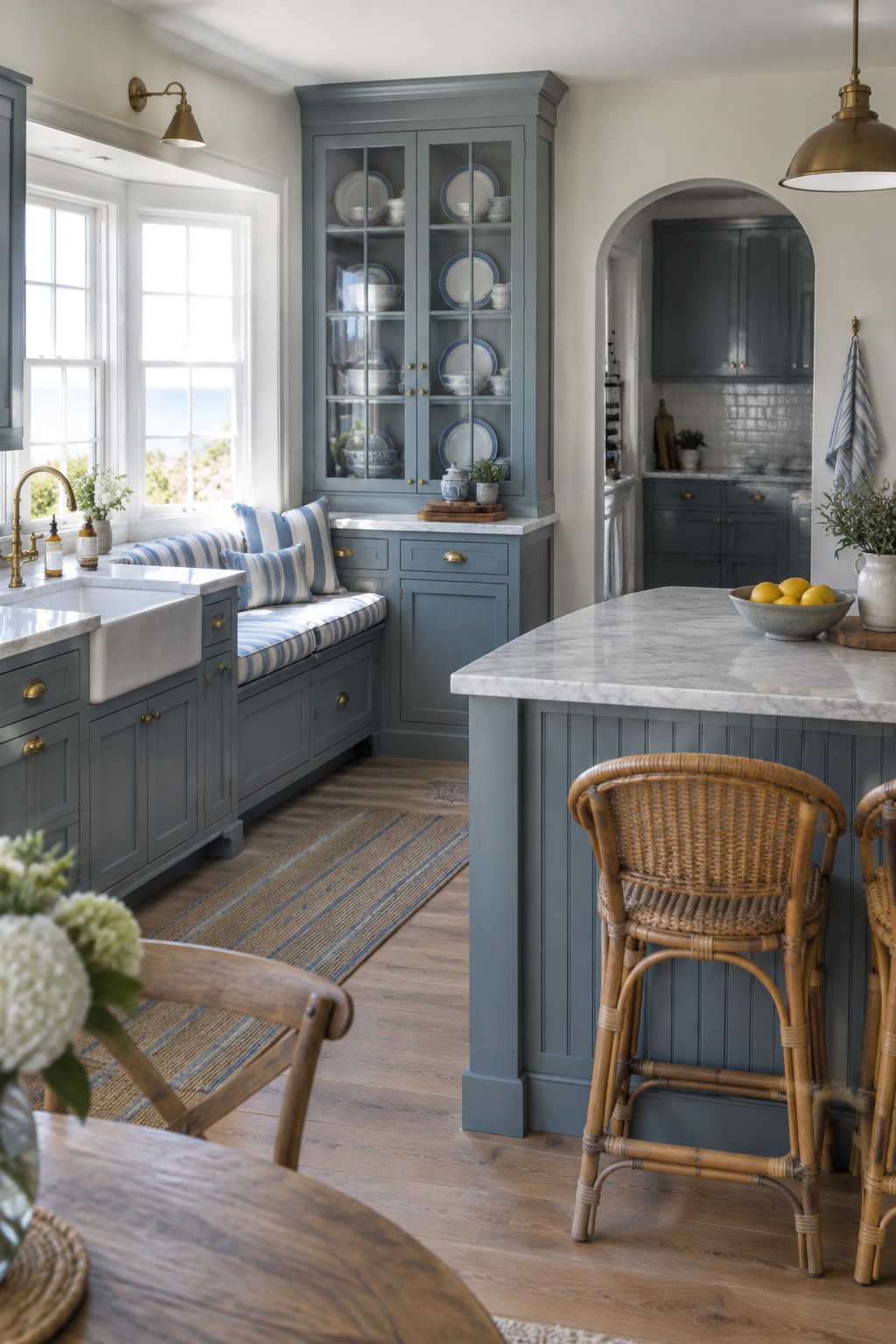 A blue farmhouse kitchen with a built-in cushioned bench beside a window and a glass-front cabinet above it.