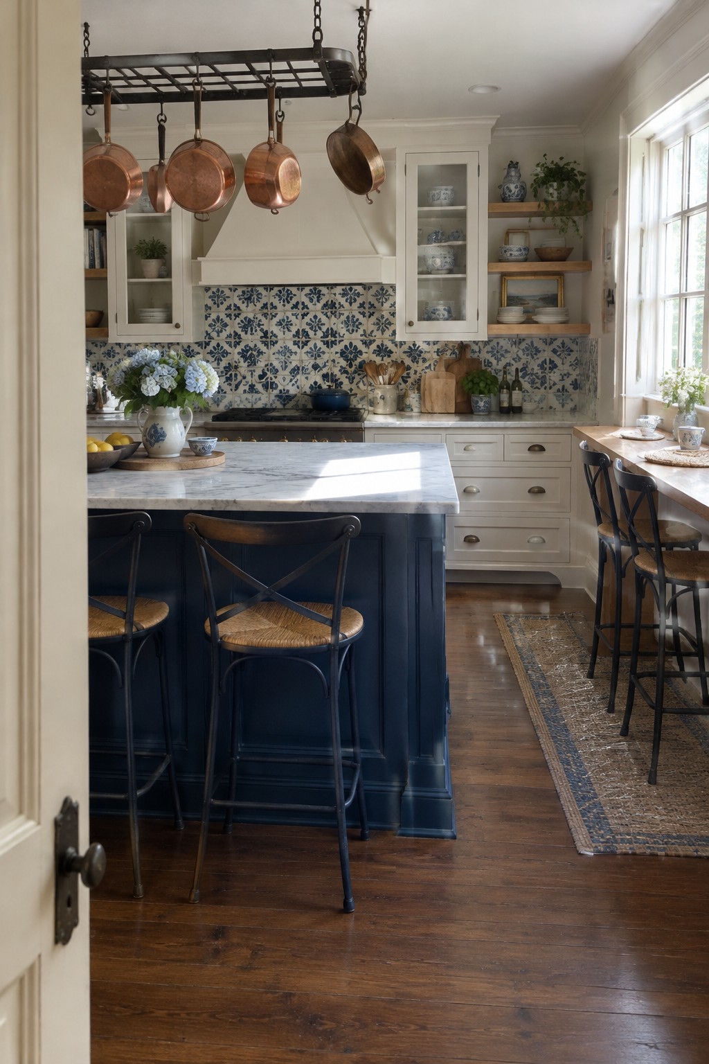 A farmhouse kitchen with a deep blue island, white cabinets, a marble countertop, and a blue-and-white tiled backsplash.