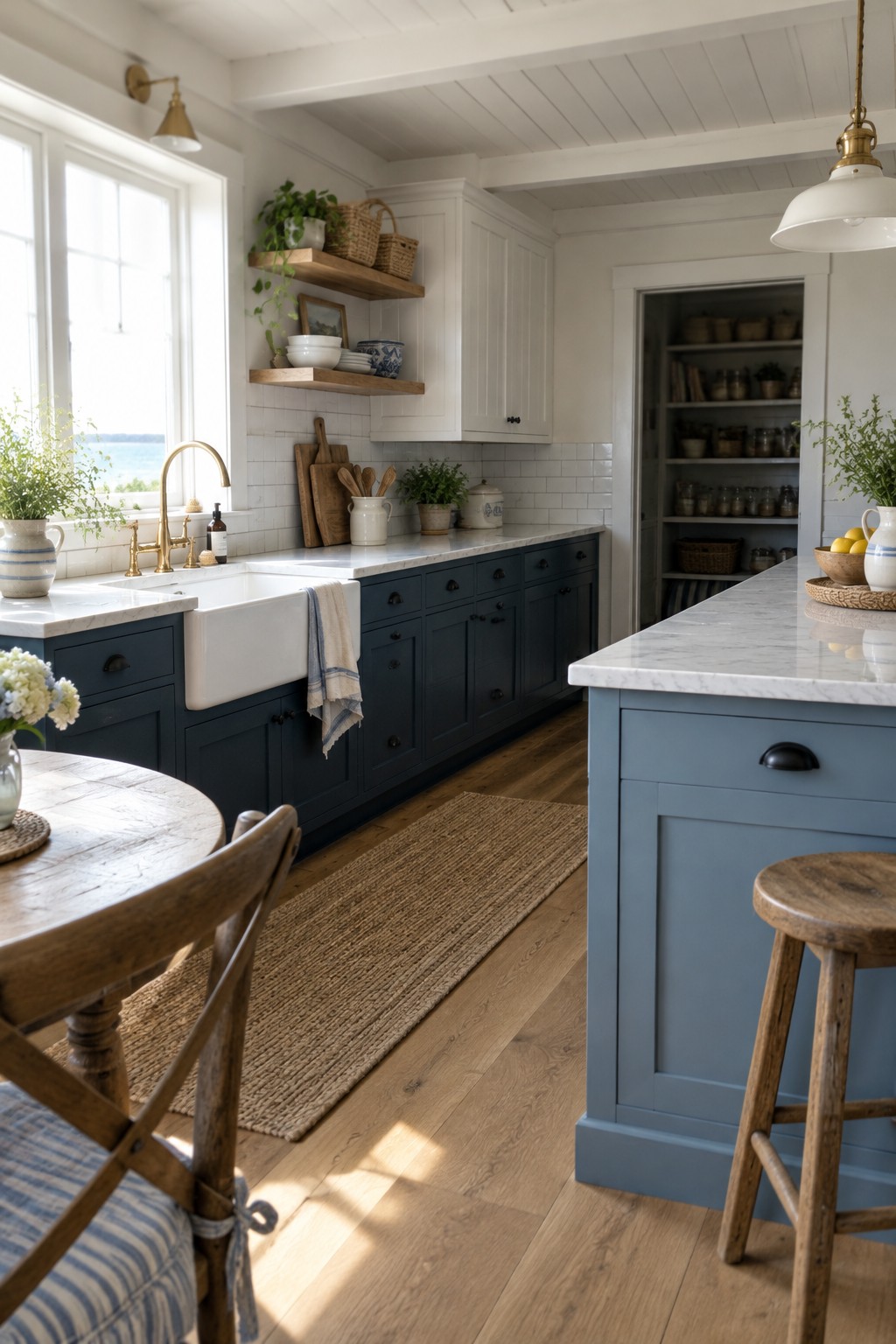 A farmhouse kitchen with deep blue lower cabinets, white upper cabinets, marble counters, and a white apron-front sink.