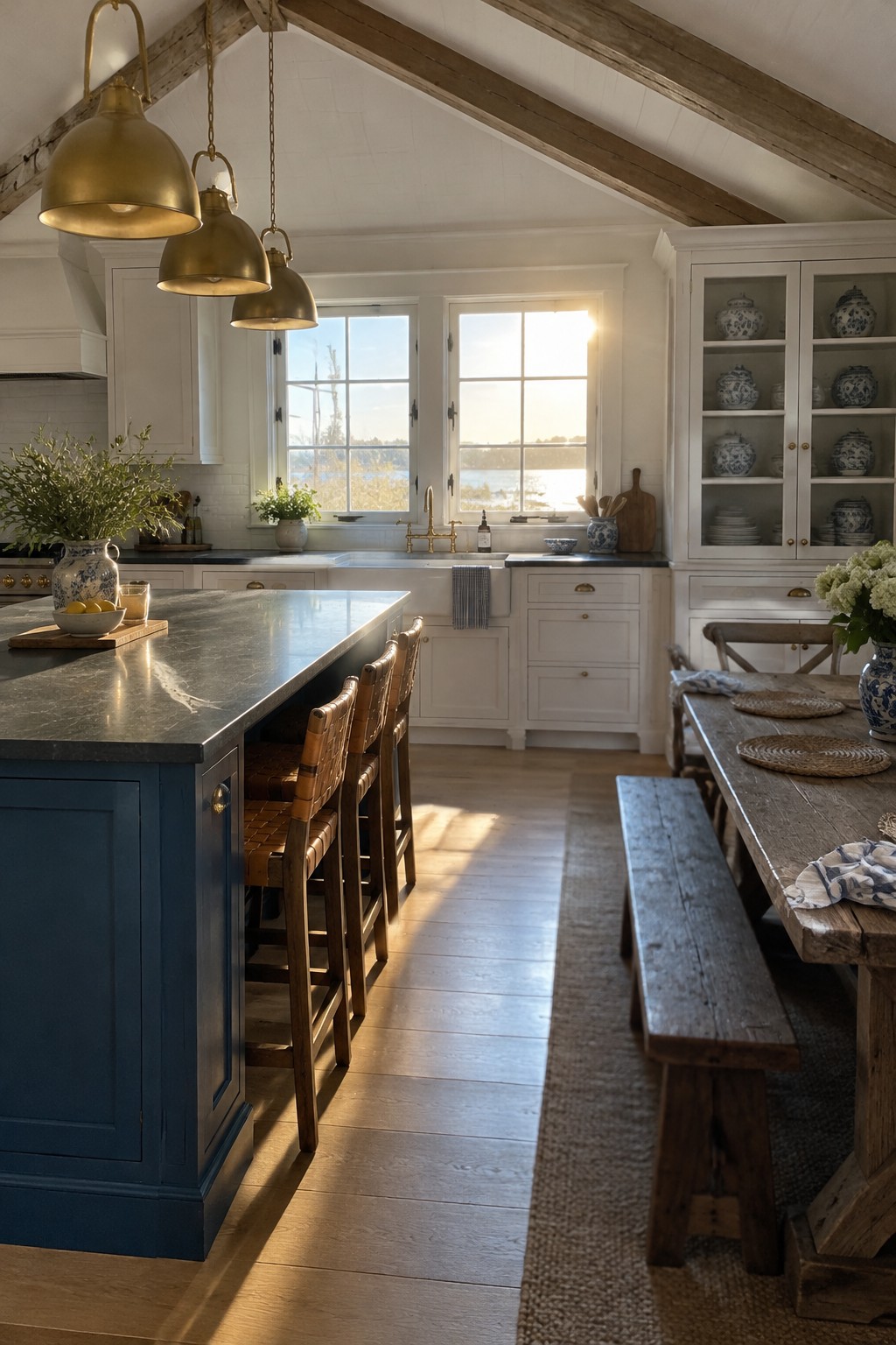 A farmhouse kitchen with a deep blue island, white cabinets, brass pendant lights, and a wooden dining table.