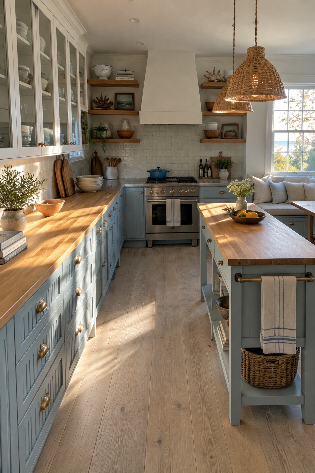 A kitchen with muted blue cabinets, wood countertops, glass-front upper cupboards, and a central island.