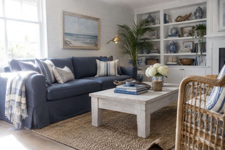 18 Coastal Home Decor Ideas Built Around Blue-and-White Palettes A navy sofa with blue-and-white striped pillows and a throw sits in a living room with white built-in shelves and a woven rug.