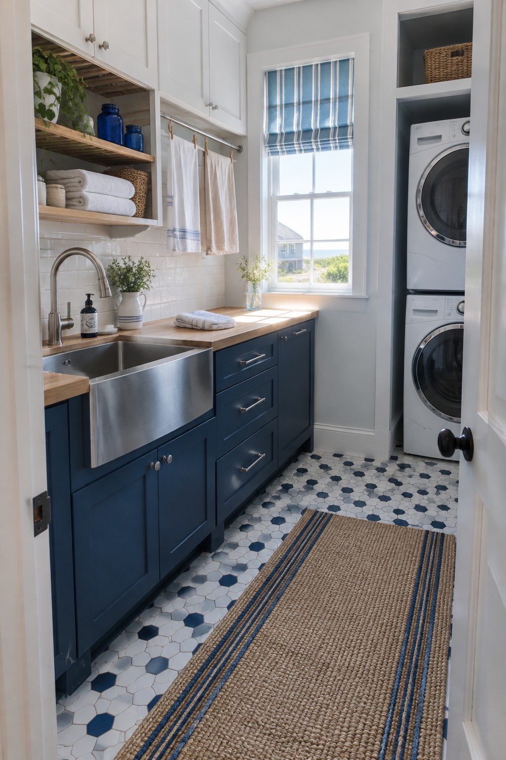 A narrow laundry room with navy lower cabinets, a farmhouse sink, open shelves, a window, and a stacked washer and dryer.