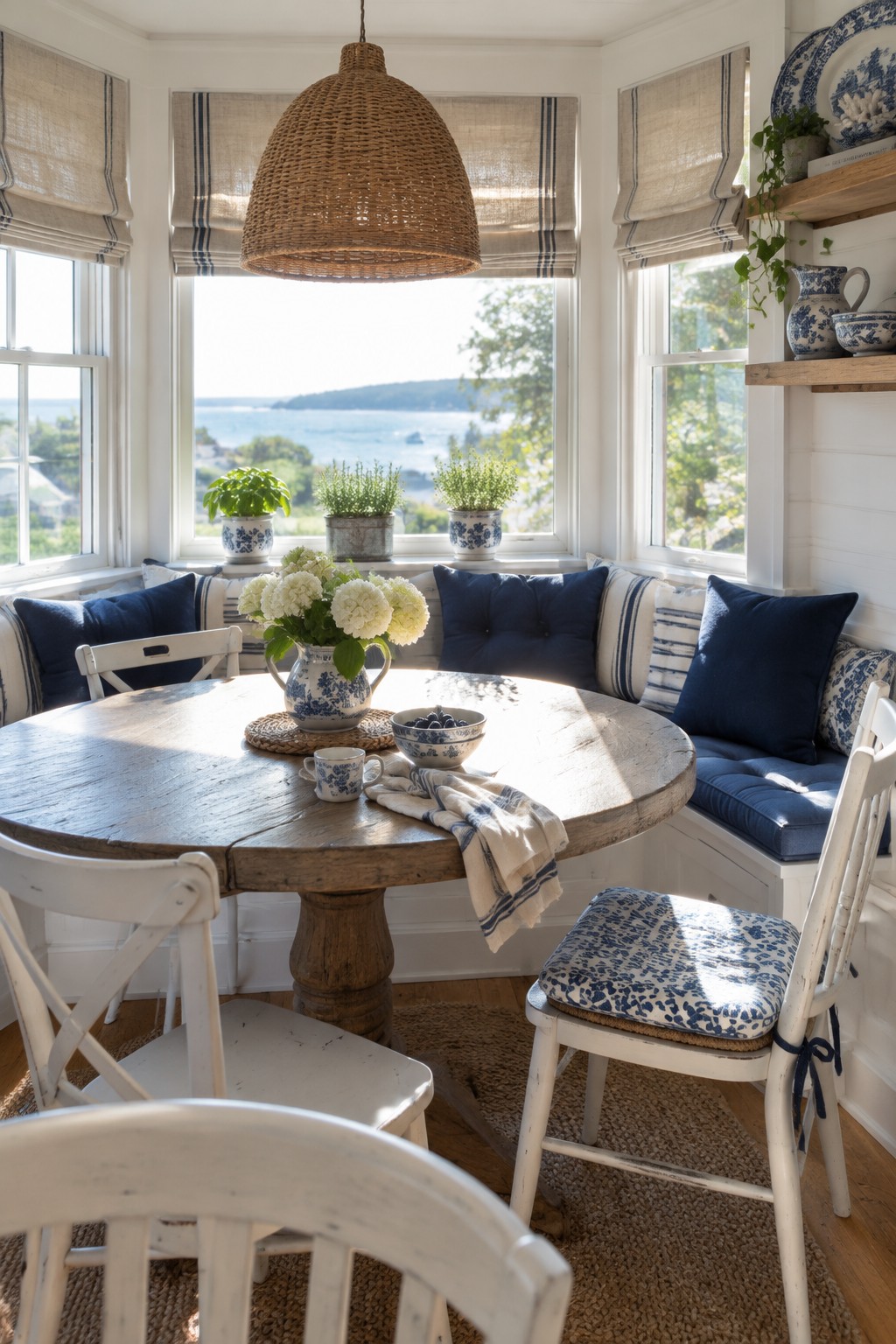 A round wooden dining table sits in front of a window nook with navy cushions, striped pillows, and blue-and-white accessories.