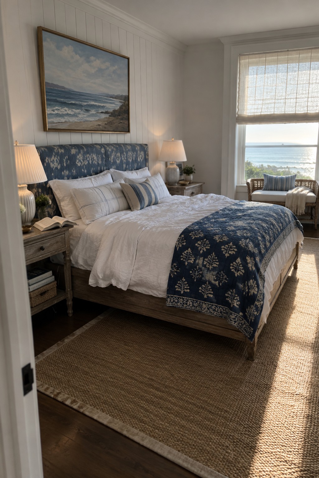 A bedroom with white bedding, a navy patterned coverlet, a blue upholstered headboard, and an ocean view through the window.