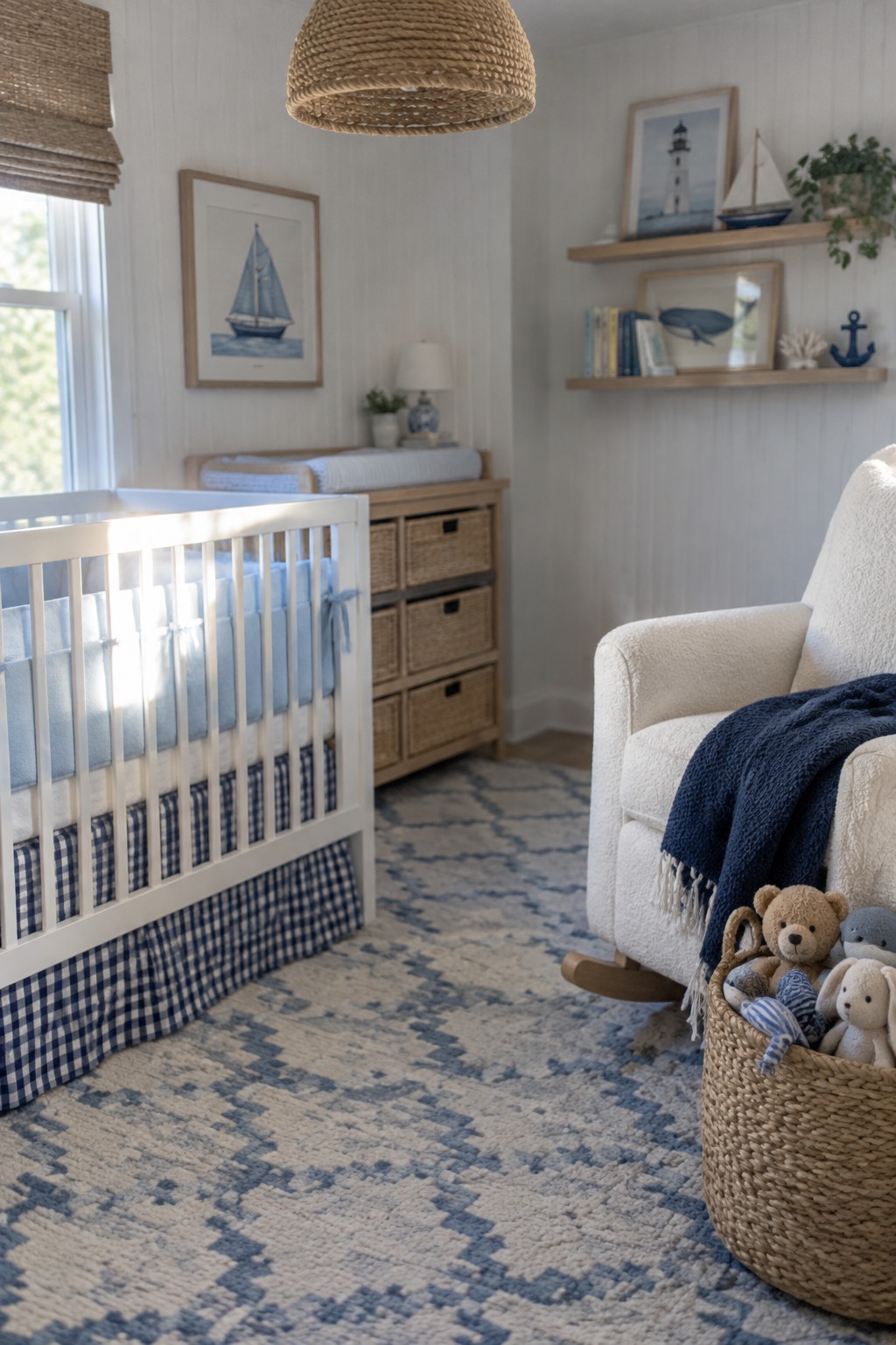 A coastal-style nursery with a white crib, blue-and-white checked fabric, a blue patterned rug, and a white rocking chair.