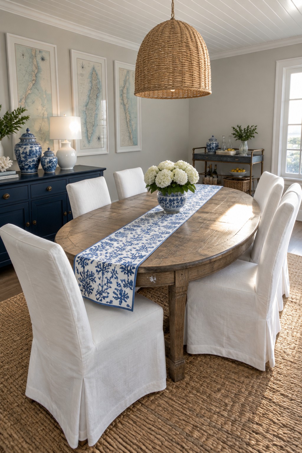 A blue-and-white patterned runner and a vase of white flowers sit on an oval wooden dining table surrounded by white slipcovered chairs.