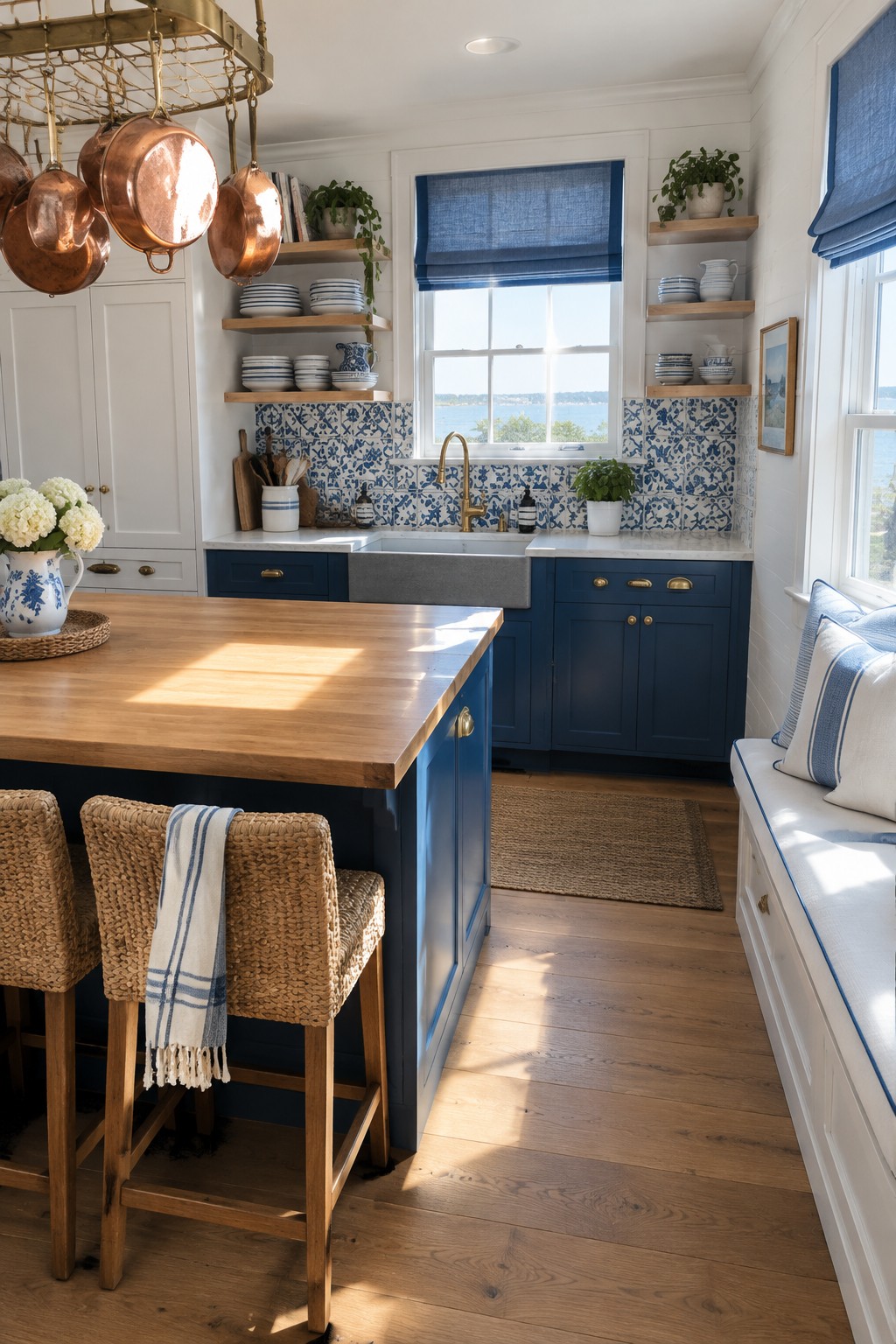 A bright kitchen with blue-and-white patterned backsplash tile, navy cabinets, open shelves, and a farmhouse sink.