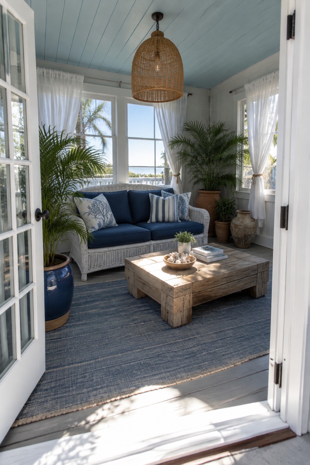 A white wicker sofa with navy cushions and blue-and-white pillows sits beside a wooden coffee table in a bright room.