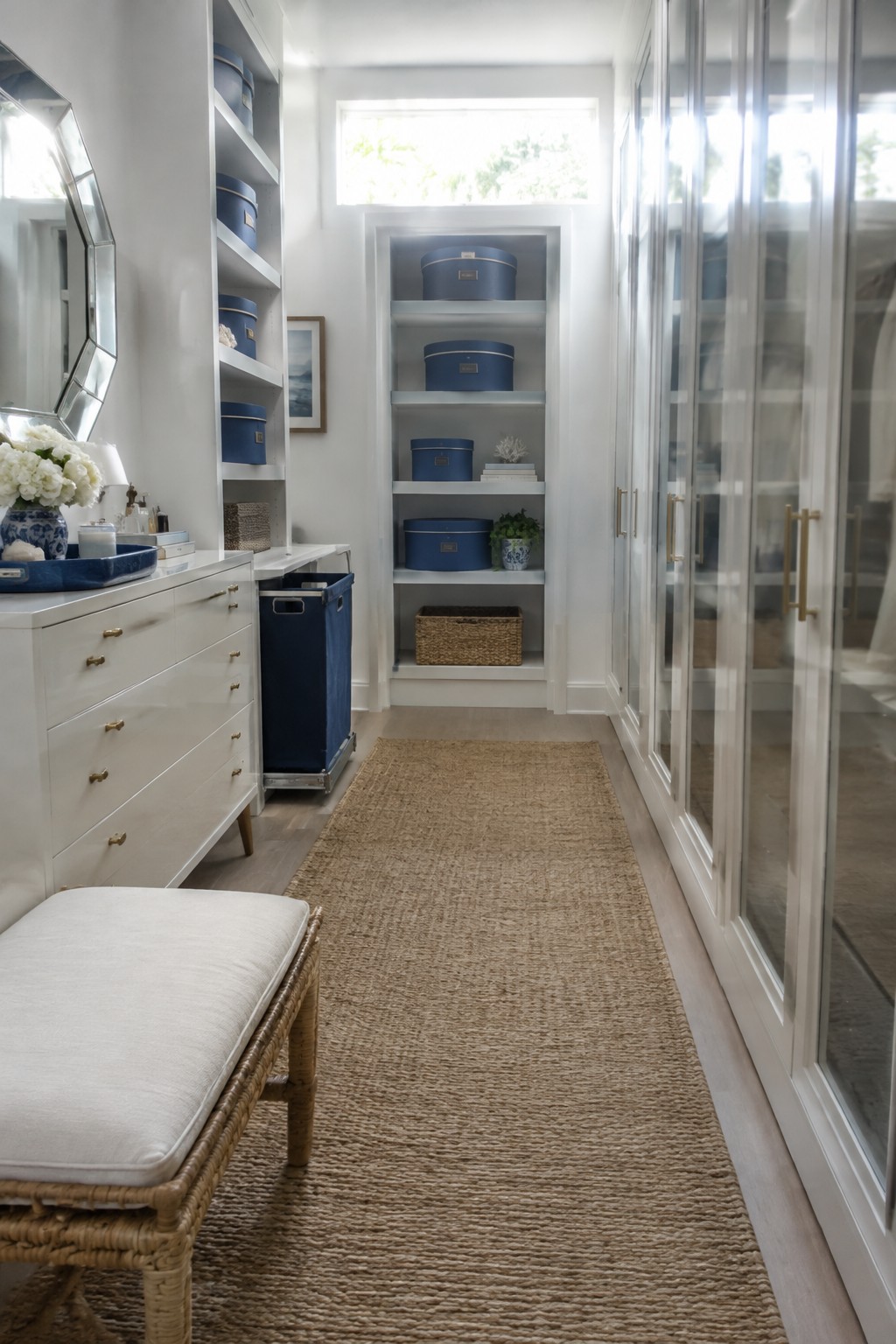 A walk-in closet with navy storage boxes on white shelves, a long woven rug, and glass-front cabinets.