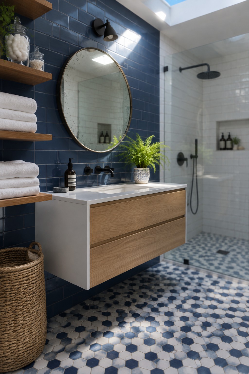 Bathroom with dark blue wall tiles, a wood-front vanity, an oval mirror, and a glass-enclosed shower with white tile.