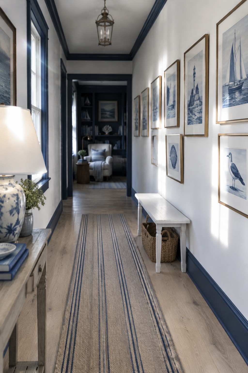 A narrow hallway with dark blue trim, white walls, framed coastal prints, and a striped runner.