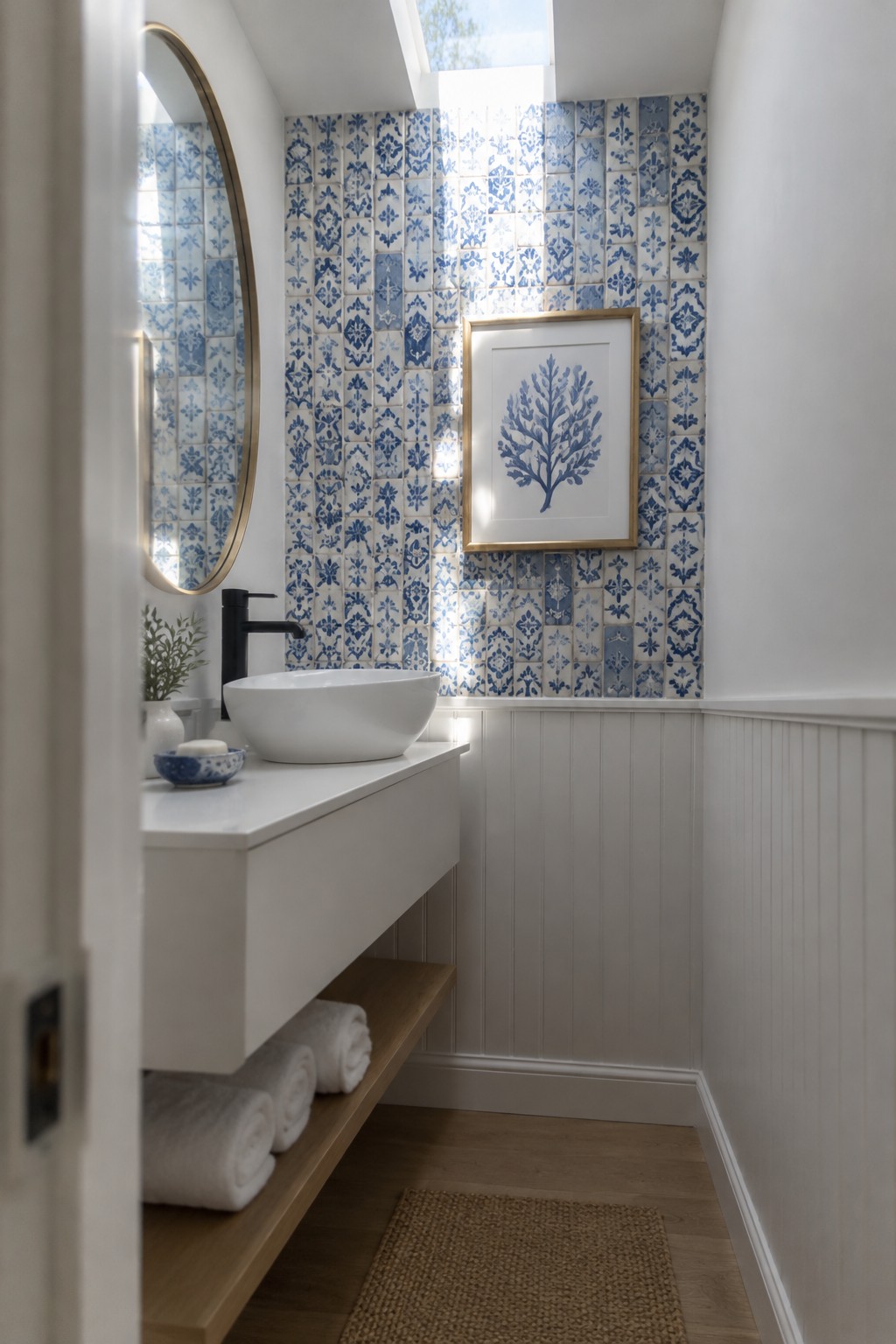 A small bathroom with blue-and-white patterned wall tiles, a white vanity, and a framed blue botanical print.
