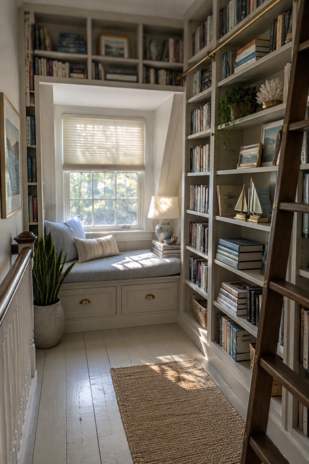A cushioned window seat sits between built-in bookshelves, with a wooden ladder leaning against the shelves.