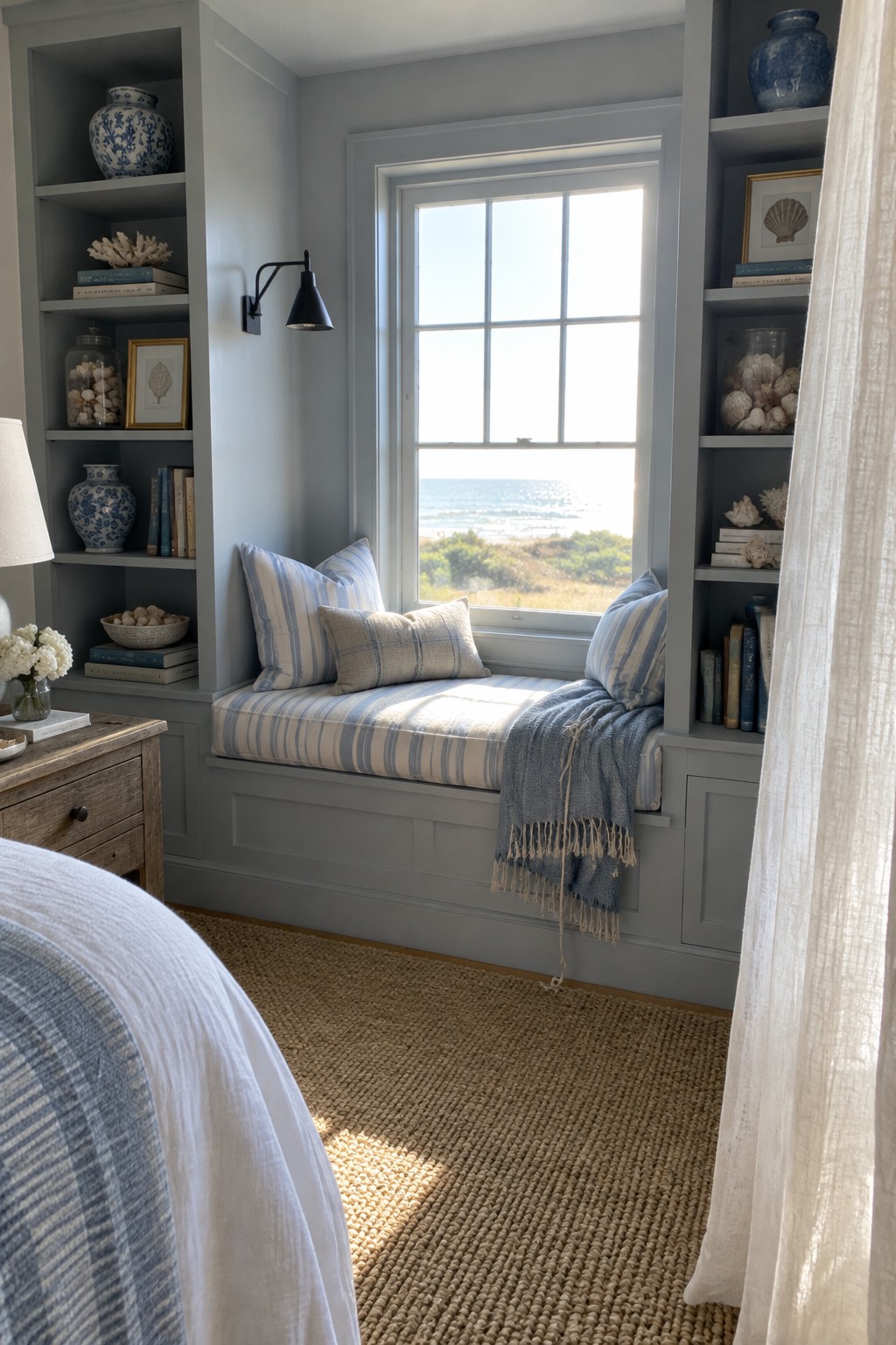 A cushioned window seat sits between built-in shelves holding books, pottery, and seashells.