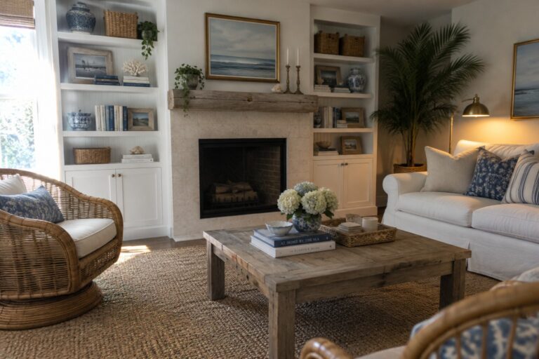 White built-in shelves flank a stone fireplace with a wood mantel, coastal artwork, books, and woven baskets.