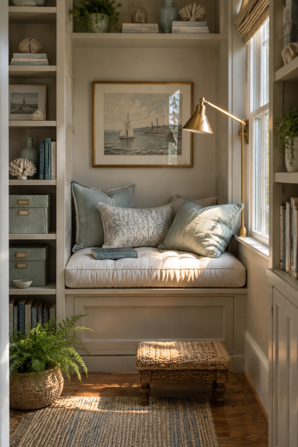 A cushioned window seat sits between built-in shelves, with books, coastal decor, and a brass reading lamp nearby.