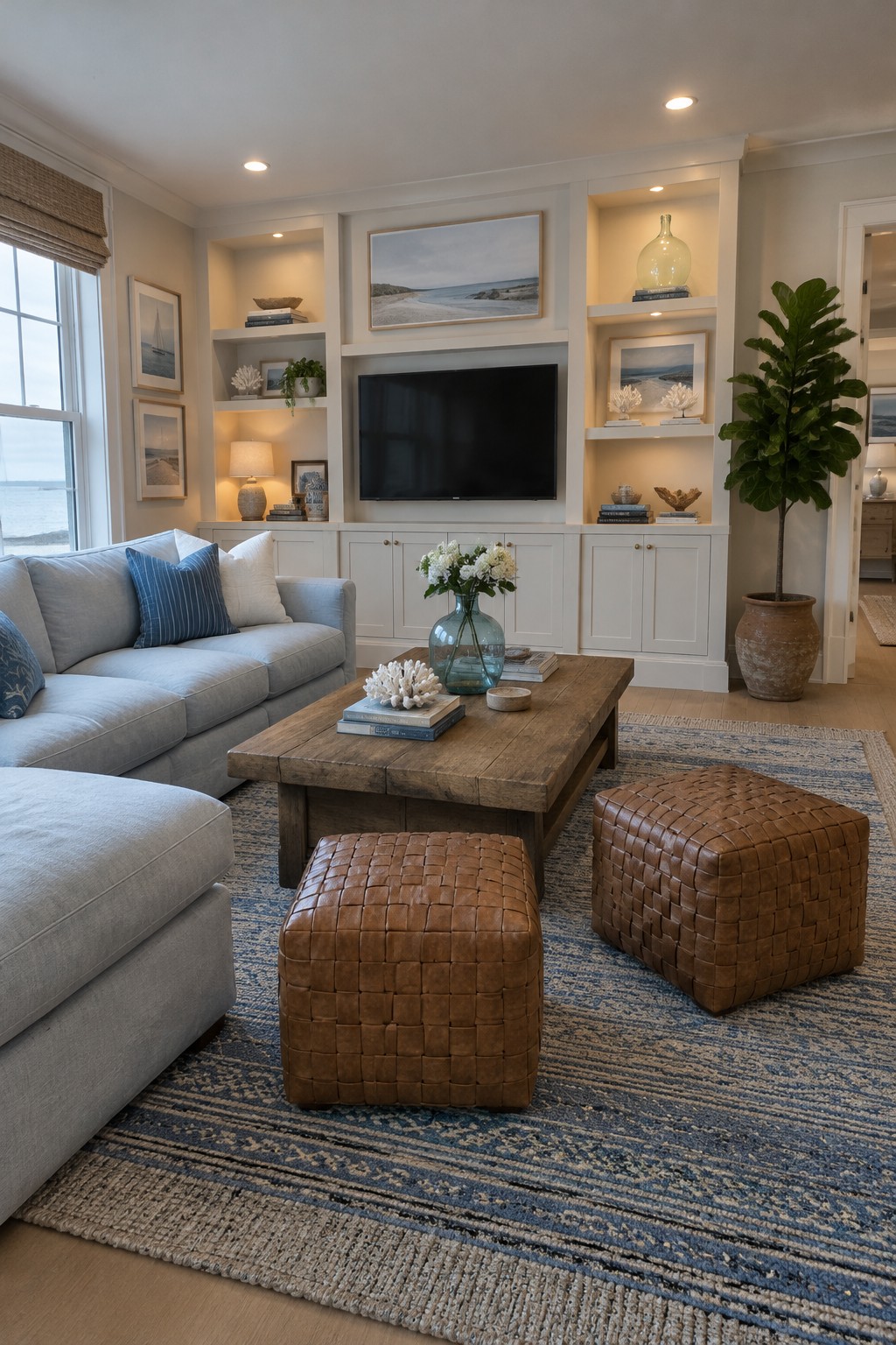 White built-in shelves and cabinets surround a television in a living room with a gray sofa, wooden coffee table, and blue patterned rug.
