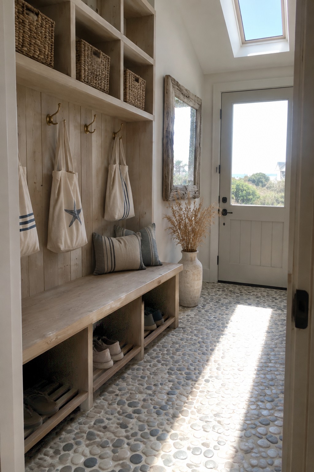A coastal-style entryway with built-in wooden shelves, woven baskets, wall hooks, hanging canvas bags, a bench, shoe cubbies, and a pebble floor.