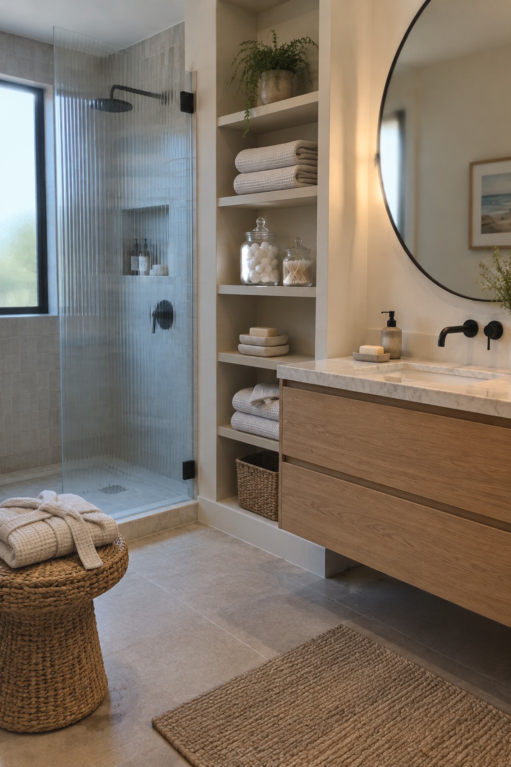 A bathroom with recessed open shelves holding towels, jars, soap, and a potted plant beside a glass shower and wood vanity.