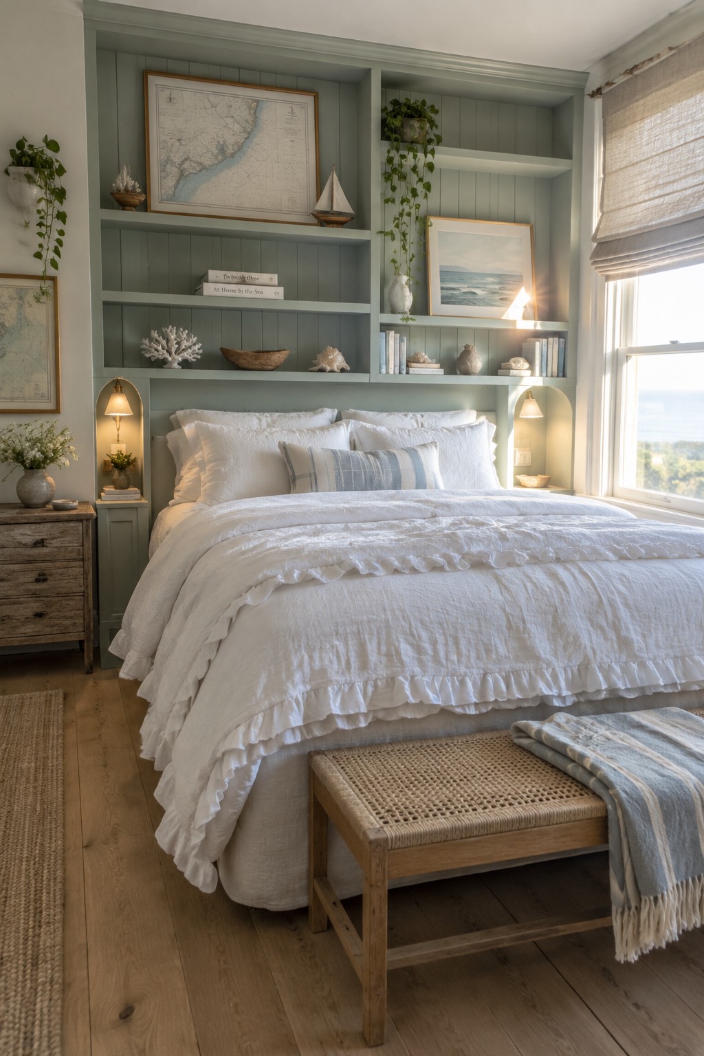 A bedroom with sage green built-in shelves above the bed, white bedding, and a woven bench at the foot.