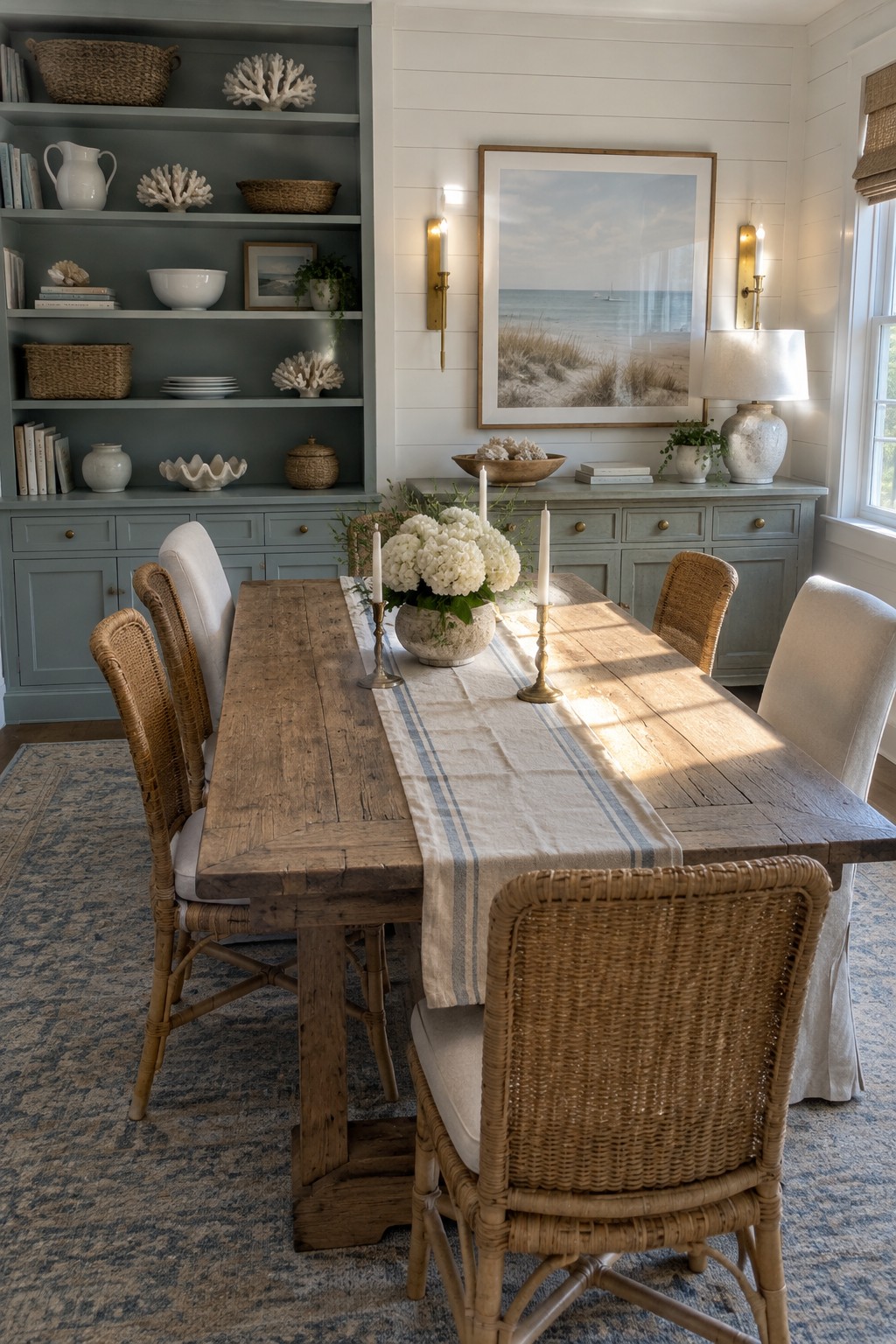A coastal dining room with blue-green built-in shelves, a rustic wood table, wicker chairs, and a striped runner.
