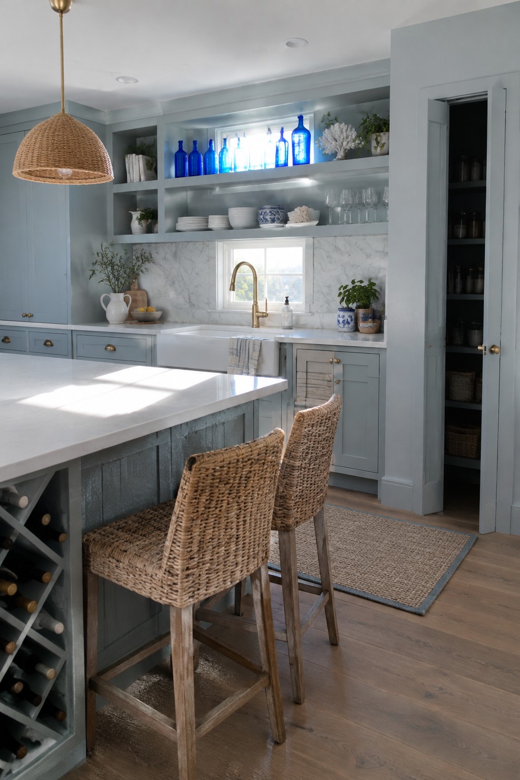 A pale blue kitchen with open built-in shelves displaying blue glass bottles, dishes, and glassware above a farmhouse sink.
