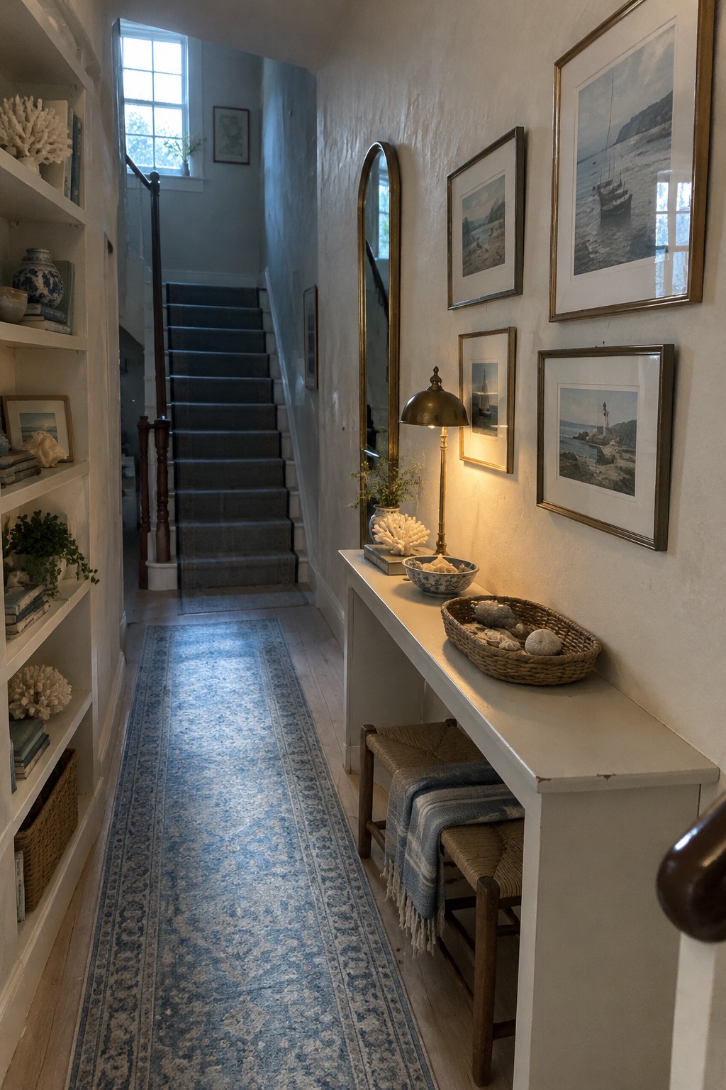 A narrow hallway with built-in shelves, a slim console, framed coastal prints, and a blue runner leading to a staircase.