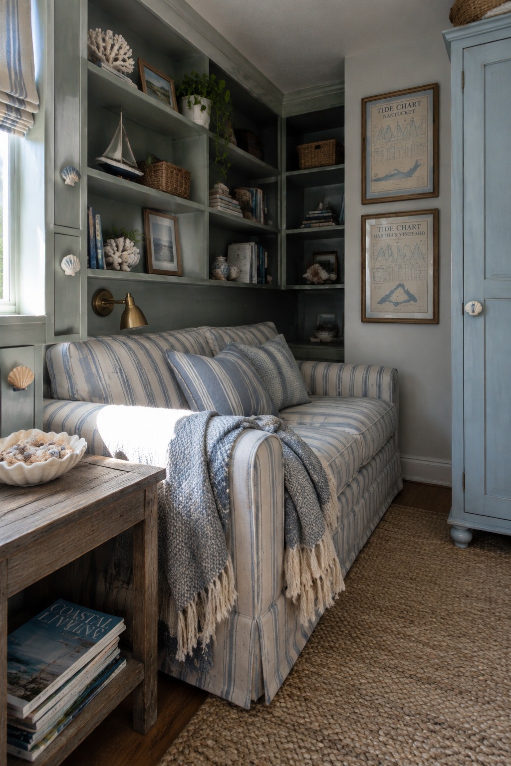 A striped sofa sits in front of gray-green built-in shelves filled with books, baskets, and coastal decorations.
