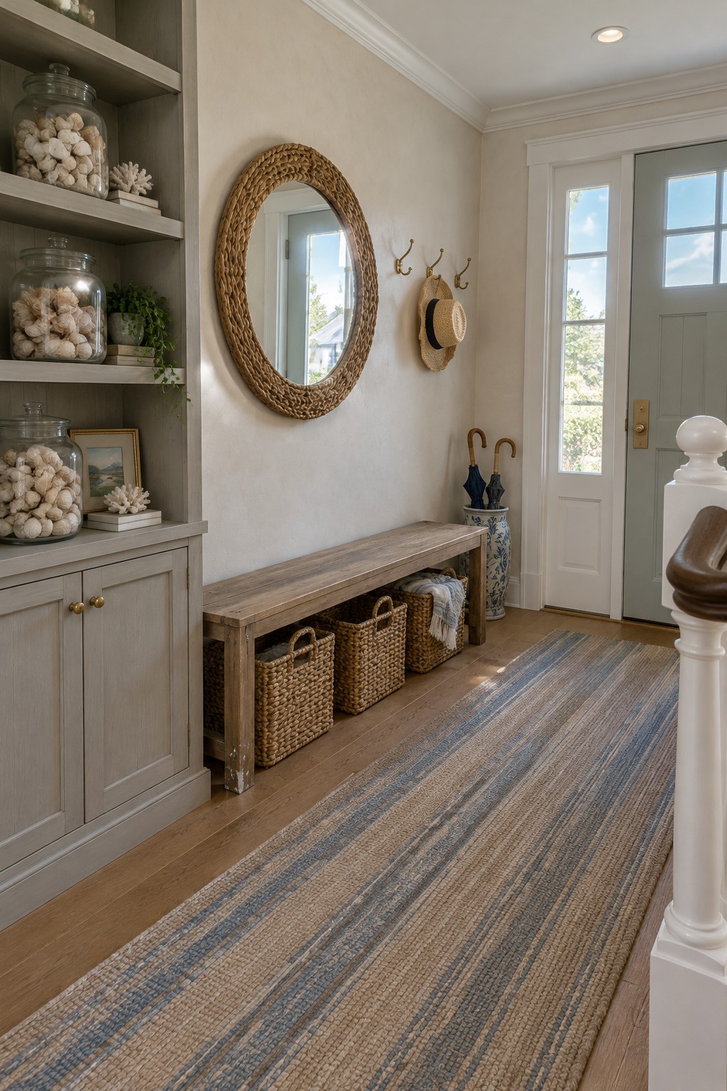 Built-in gray shelves and cabinets hold jars and decor beside a wooden entryway bench with wicker baskets underneath.