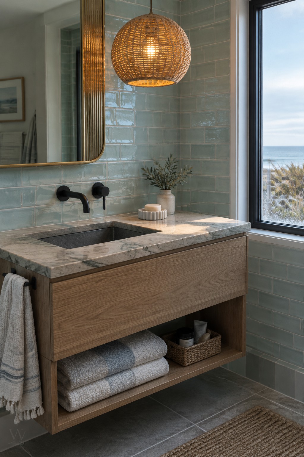 A woven pendant hangs above a bathroom vanity with pale green tile, a stone countertop, and a wood cabinet.