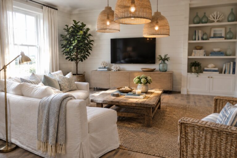 Three woven pendant lights hang above a coastal living room with a white sofa and a rustic wood coffee table.