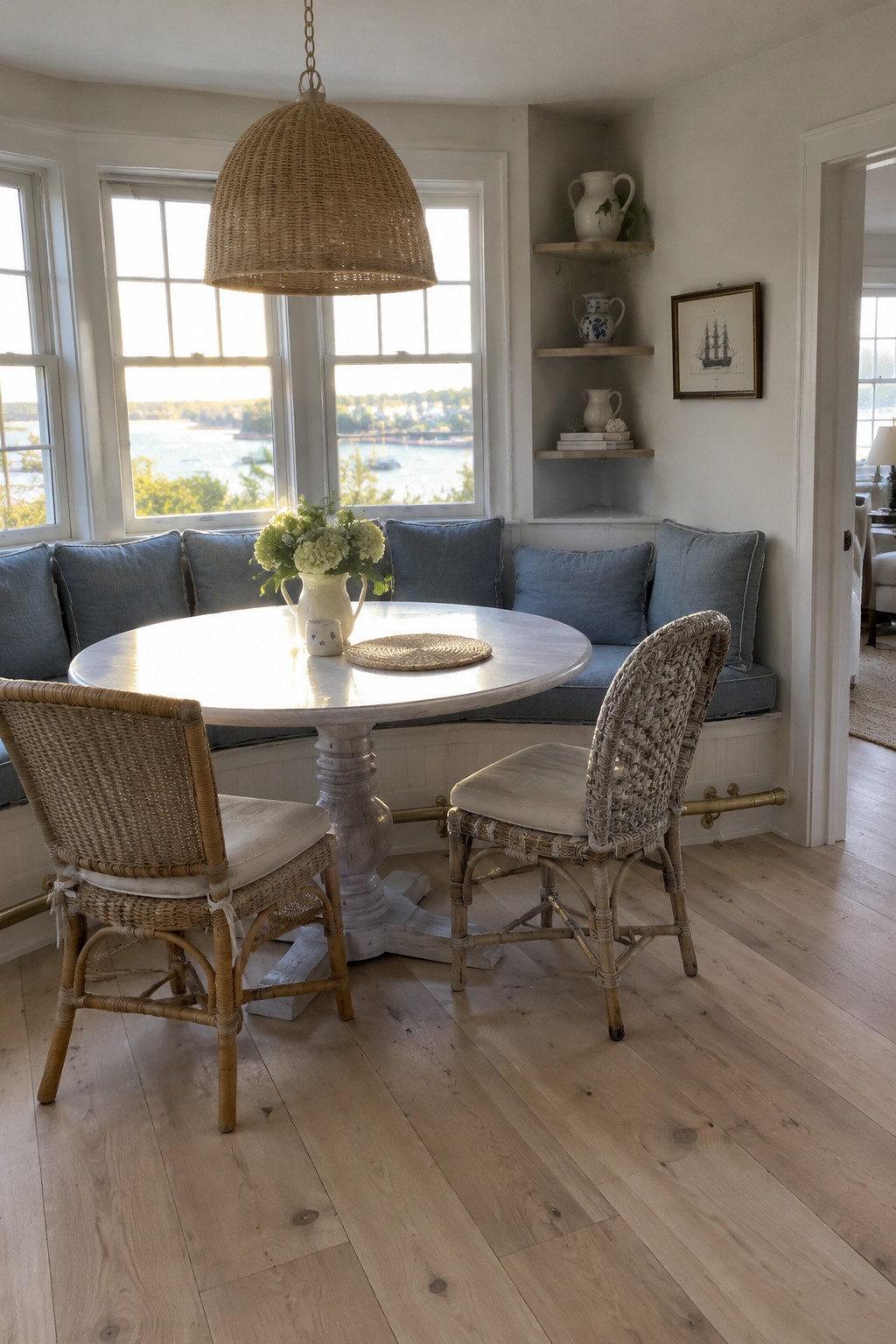 A woven pendant hangs above a round table and blue built-in bench in a breakfast nook.