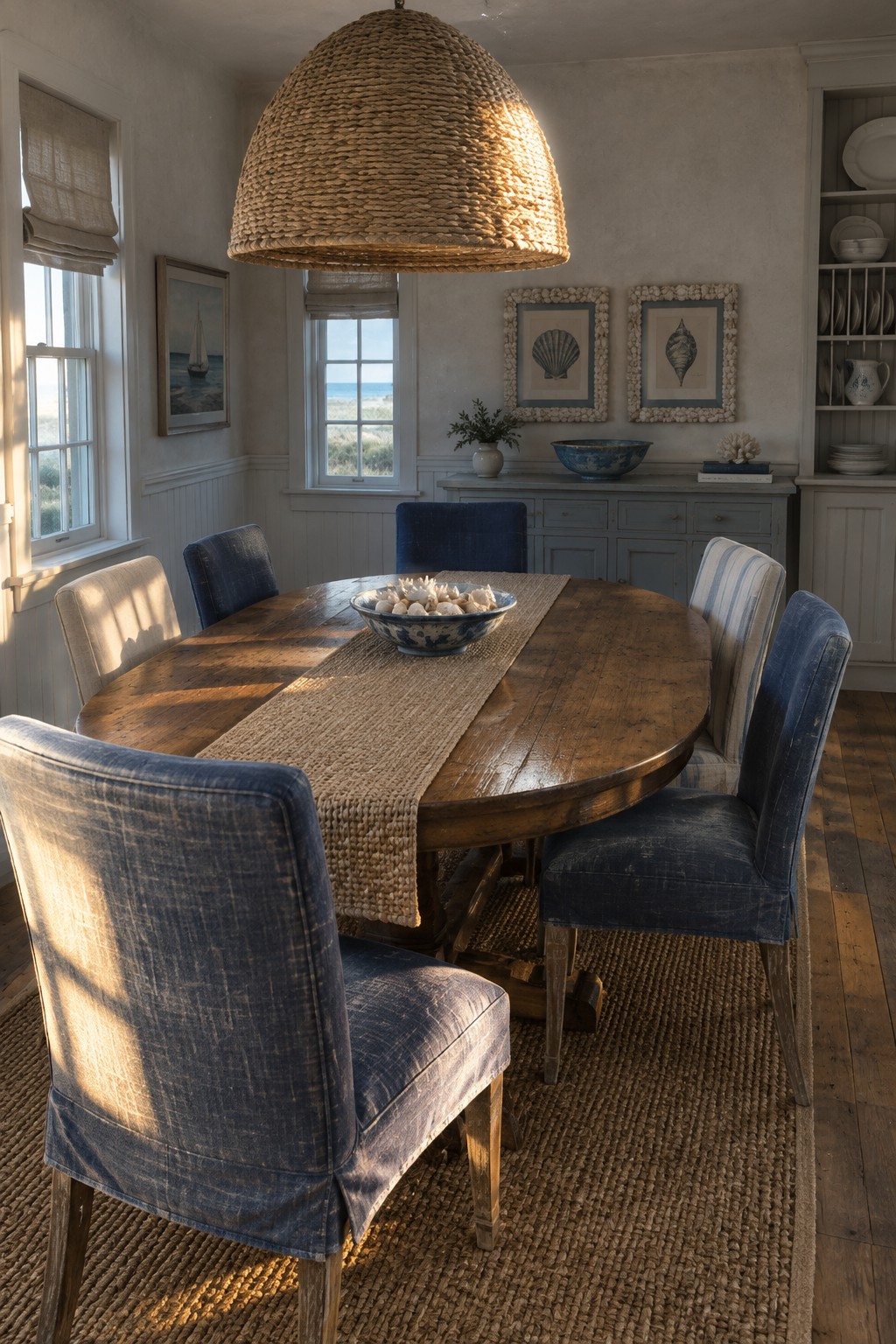 A large woven pendant hangs above a wooden dining table surrounded by blue upholstered chairs.
