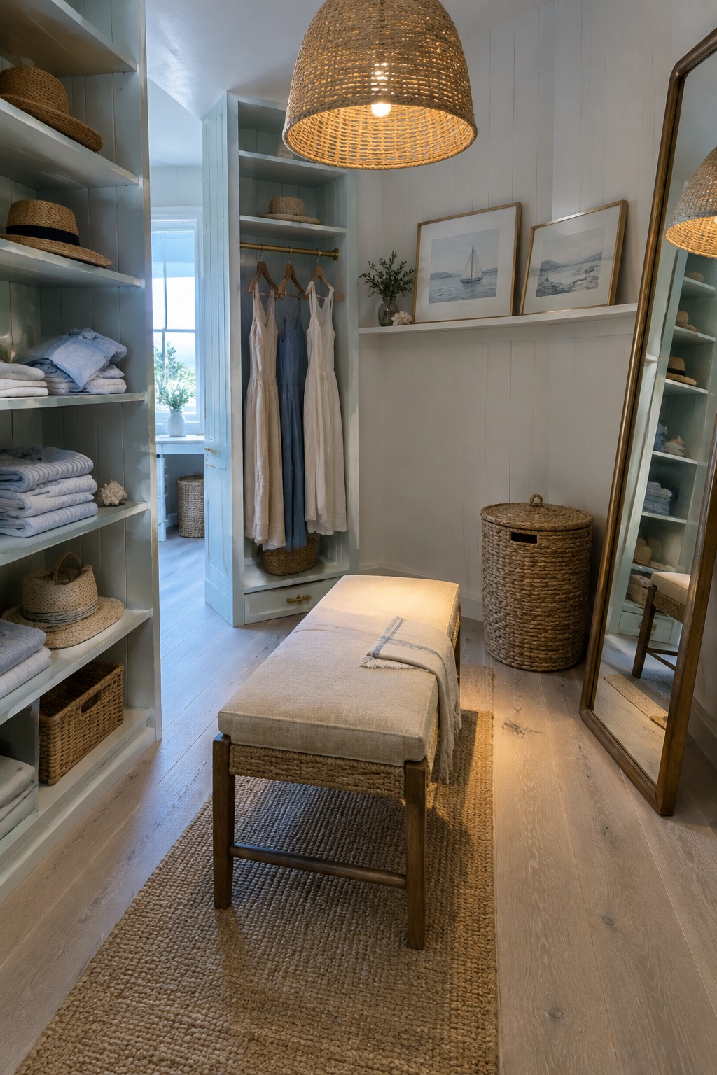 A woven pendant hangs above a bench in a coastal dressing room with open shelves and hanging clothes.