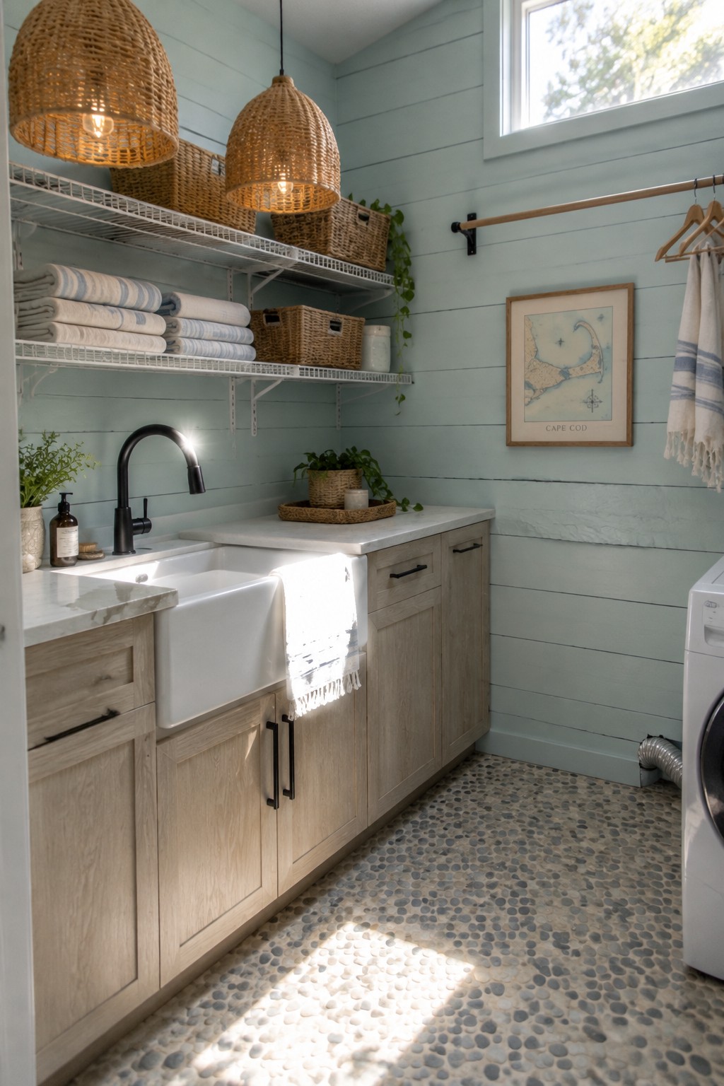 Two woven pendant lights hang above a laundry room with pale blue plank walls, open shelves, a farmhouse sink, and light wood cabinets.