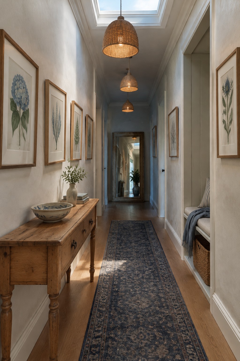 Three woven pendant lights hang along a hallway with framed botanical prints, a wooden console table, and a blue runner.