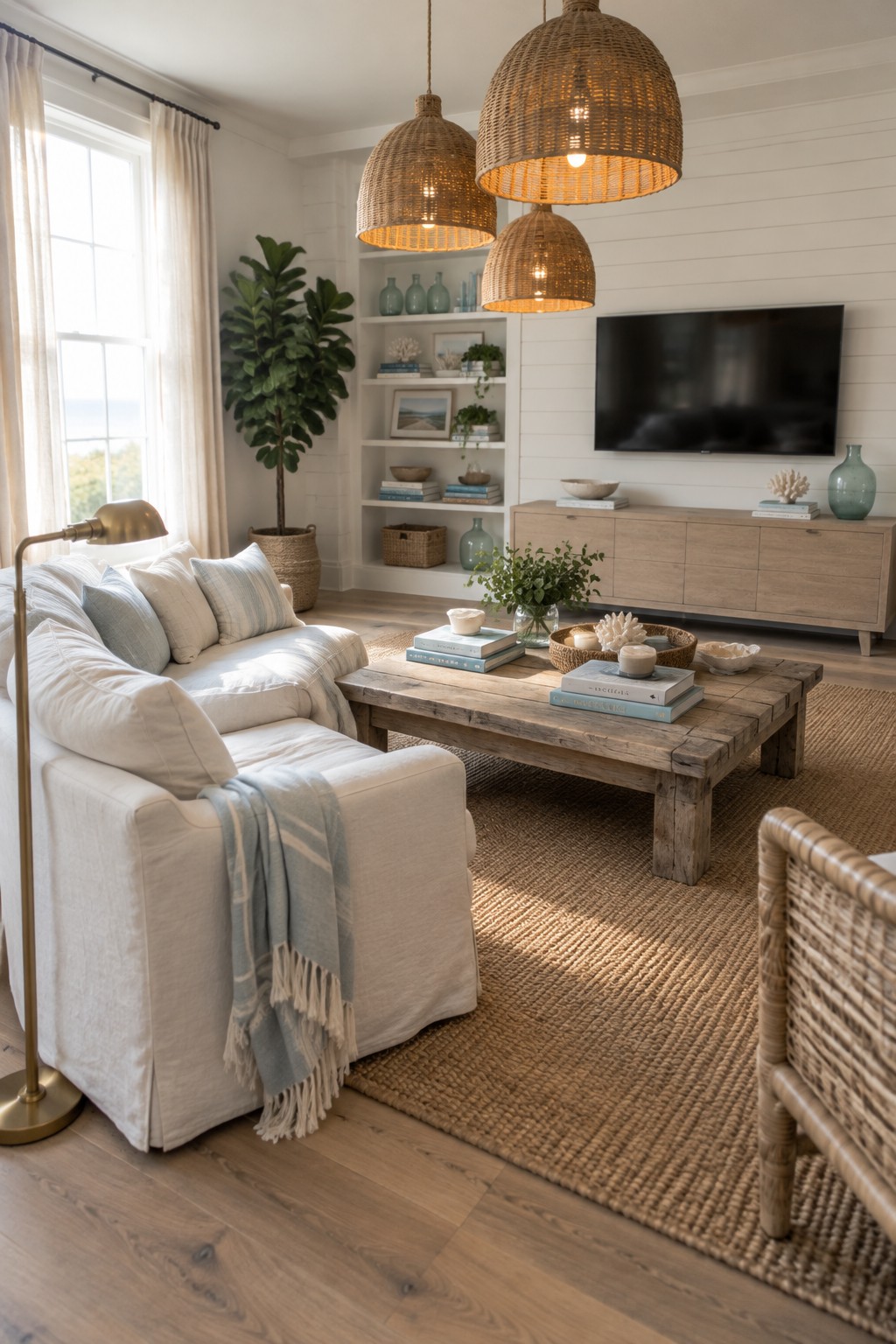 Three woven pendant lights hang above a coastal living room with a white sofa and a rustic wood coffee table.