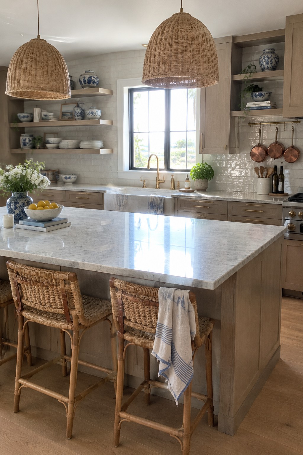 Two woven pendant lights hang above a kitchen island with a pale stone countertop and wicker stools.