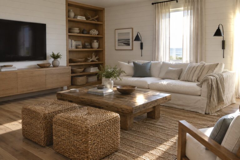 18 Stunning Modern Coastal Home Interiors Featuring Natural Wood Finishes A coastal living room with a natural wood bookcase and coffee table, a white sofa, woven ottomans, and a large window.
